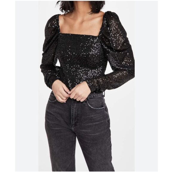 Ramy Brook Black Sequin Square Neck Puff Sleeve Long Sleeve Size 10 MSRP $325 - Picture 1 of 7